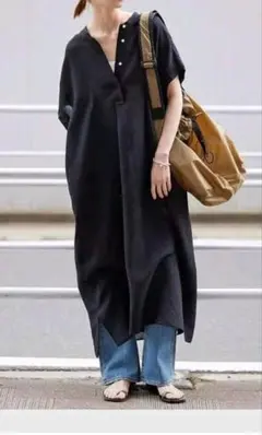 スタンドカラー ロングシャツワンピース ブラック 半袖