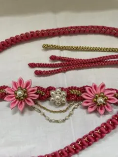 3月中お値下げ　帯締め つまみ細工 ピンク ゴールド パール 成人式 振袖