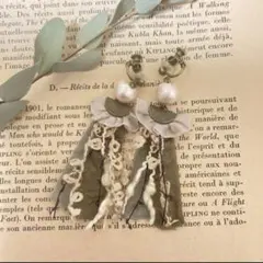 コットンパール　アンティーク風　イヤリング　ピアス変更可能　秋　冬　ハンドメイド