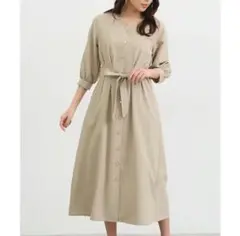 Honeys　ワンピース 7分袖 ロング丈　ベージュ　Mサイズ　Vネック