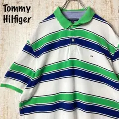 トミーヒルフィガー マルチストライプ ポロシャツ ホワイトグリーン アメリカ古着