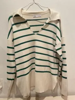 ZARA アイボリー・グリーン ストライプ セーター　ニット　Ｖネック