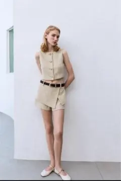ZARA テクスチャー クロップドベスト ベルト付きスカートパンツ セットアップ