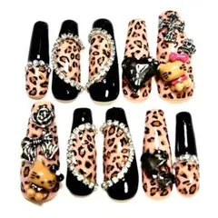 ネイルチップ/ヒョウ柄/ギャル/ロング/ハート/ゴテゴテ/ビジュー【サイズM】