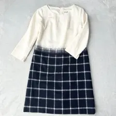 スープ　ウール混ワンピース　日本製　チェック　バックファスナー　白／紺　9号