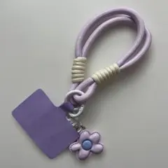 紫色のスマホストラップ 花型チャーム付き　G