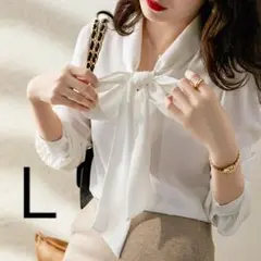 レディース 　シフォンブラウス　 ボウタイ　ホワイト　ブラウス　白　 L