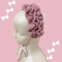 たっぷりフリルのヘッドドレス ピンク サテンリボン付き かぎ針編み