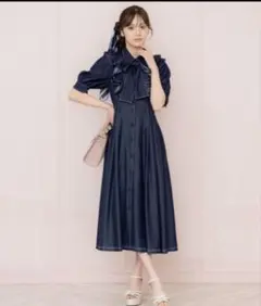 【美品】ラッフルリボンタイシャツワンピース　ウィルセレクション　デニム