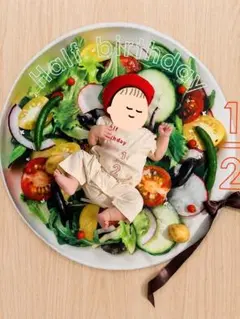 【マット＆帽子】ハーフバースデー 記念撮影用 サラダ柄 マット 帽子のサムネイル