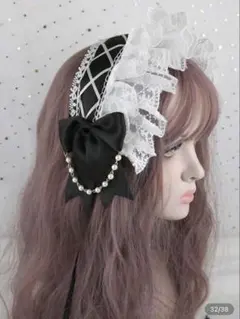 ヘッドドレス　ブラック　ホワイト　レース　パール　ロリィタ