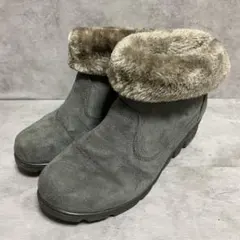 ショートブーツ（23EEE）ファー グレー スエード調 折り返し エアクッション