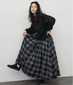 【Libra Cue】ブロックチェックボリュームスカート秋冬グレーxブラック