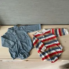 韓国子供服 ボーダー デニム ロンパース 男の子