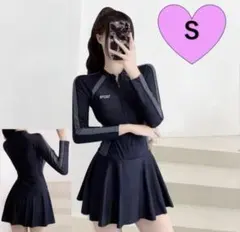 水着 S フィットネス ワンピース 長袖 体型カバー 黒 スポーティ プール