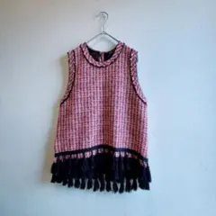 ザラ　ZARA WOMAN ツイードフリンジベスト XS 赤黒 ノースリーブ