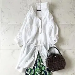 美品 スピックアンドスパン リネンビッグロングシャツ 麻混 ゆったり 