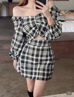 SHEIN モノトーン チェック柄 ツイード ミニスカート
