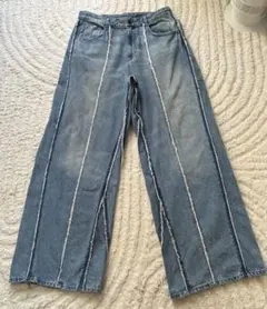 美品】即完売 希少ZARA フリンジワイドバギーデニムヴィンテージ加工