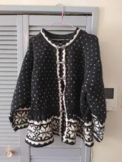 1点モノ★ヴィンテージノルディック柄カーディガン★黒ブラック古着レトロニット