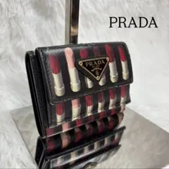 ✨美品✨ プラダ 三つ折り財布 リップ サフィアーノ 三角ロゴ レザー 黒 希少