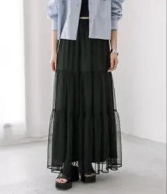 mystic ティアードチュールスカート ブラック ロング ウエストゴム