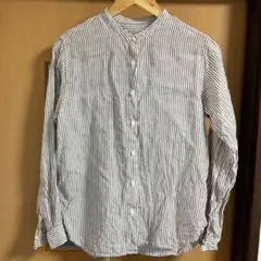 【 無印良品 】バンドカラー長袖シャツ　白×ダークブラウンストライプ