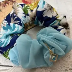 ☆あさみん様専用☆newハンドメイドシュシュ 水色白黄色の花柄×水色