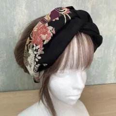 和風編み込みターバン　着物リメイク　クロスターバン　ヘアバンド　ブラック×和柄