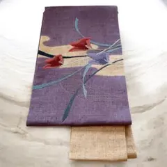 【昭和レトロ】帯　着物　和装　和服　名古屋帯　半幅帯　茶色　花柄　雲　刺繍