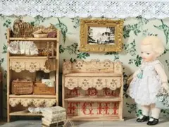 ミニチュアシェルフB　スカラップレース ウッドプレート可動　フランスアンティーク