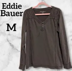 Eddie Bauer 【M】長袖カットソーダークブラウンVネック　肩レース