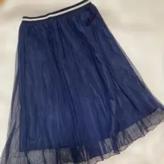 ネイビー チュール プリーツスカート膝下