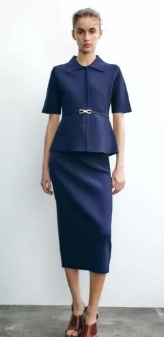 ZARA ザラ ネイビー 　ブルー　ニットトップス ジャケット　ベルト付き S