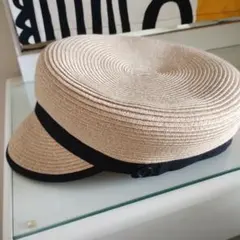 ベージュ ストローハット 黒バンド付き