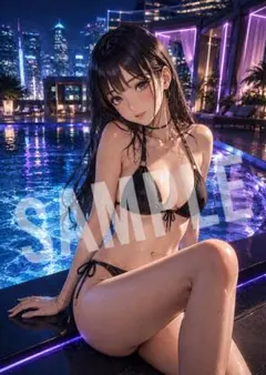 AI美少女イラスト A4ポスター 黒髪 水着 ナイトプール オリジナル