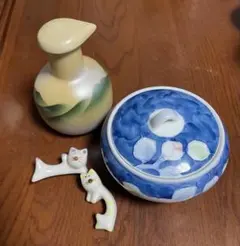 食卓上の陶器セット　醤油さし&蓋つき容器&猫の箸置き