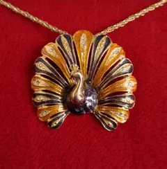 ヴィンテージ ネックレス兼ブローチ 孔雀 七宝エナメル クリスタル 装飾 669