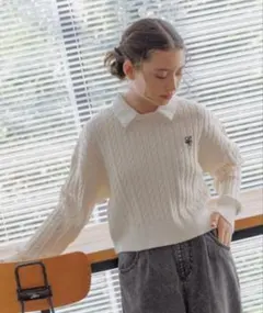 グローバルワーク　ニット セーター メルティ襟付きケーブルニット150 ホワイト