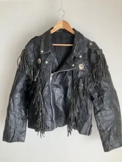 フリンジ　ダブルライダース　ワイルド　本革ジャケット　ブラック　LL