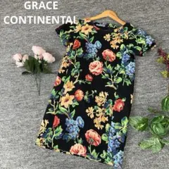 GRACE CONTINENTAL 半袖　膝丈フレアワンピース　花柄　黒　36