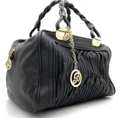 美品✨希少　バリー　ミニボストン　ギャザー プリーツ キルティング 本革　黒　金