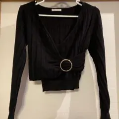 黒 リブ編み Vネック トップス Msize