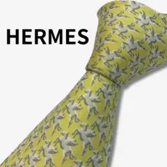 HERMES シルクネクタイ 馬柄 アニマル総柄 イエローグリーン
