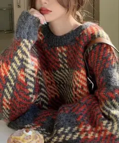 チェック柄ニット セーター レディース 長袖 オーバーサイズ ふんわり モヘア風