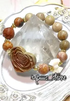 ハート薔薇彫り×リボン×イチゴ×アラシャン瑪瑙 天然石 ブレスレット