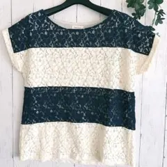 美品✨ロペピクニック 総レース ボーダーカットソー 半袖 ネイビー×白 38