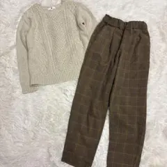 最終　UNIQLO ケーブルニット　ブラウンチェックパンツ　上下セット　140