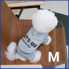 わんちゃん ロンパース グレー M 裏起毛 英字ロゴ 防寒 つなぎ 犬服 ペット