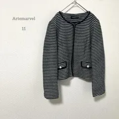 Artemarvel ツイード ボーダー ノーカラージャケット 黒 白 M相当